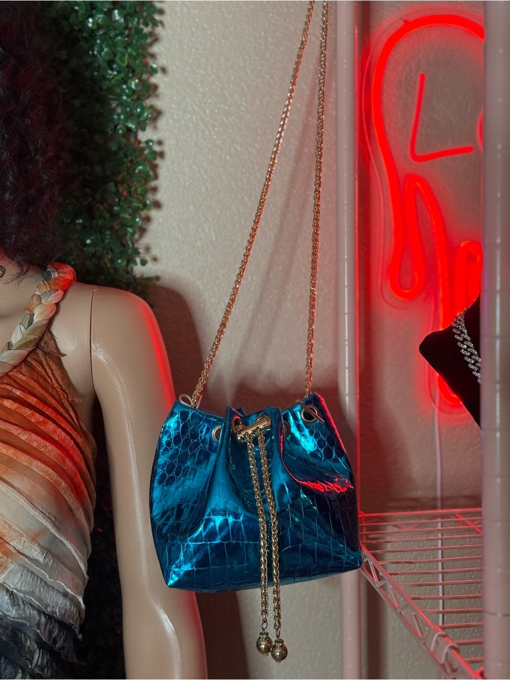 Metallic Blue Bucket Bag with Gold Chain Strap